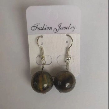 Hawk's eye natural stone earrings, smooth ball, diameter 14 mm, length 3.5 cm