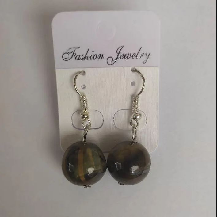 Hawk's eye natural stone earrings, smooth ball, diameter 14 mm, length 3.5 cm