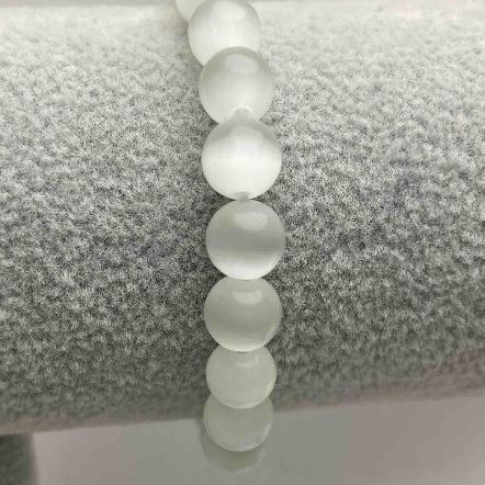 White Cat's Eye Bracelet with Smooth Beads, 8mm Diameter, 18cm Length (Stretch)