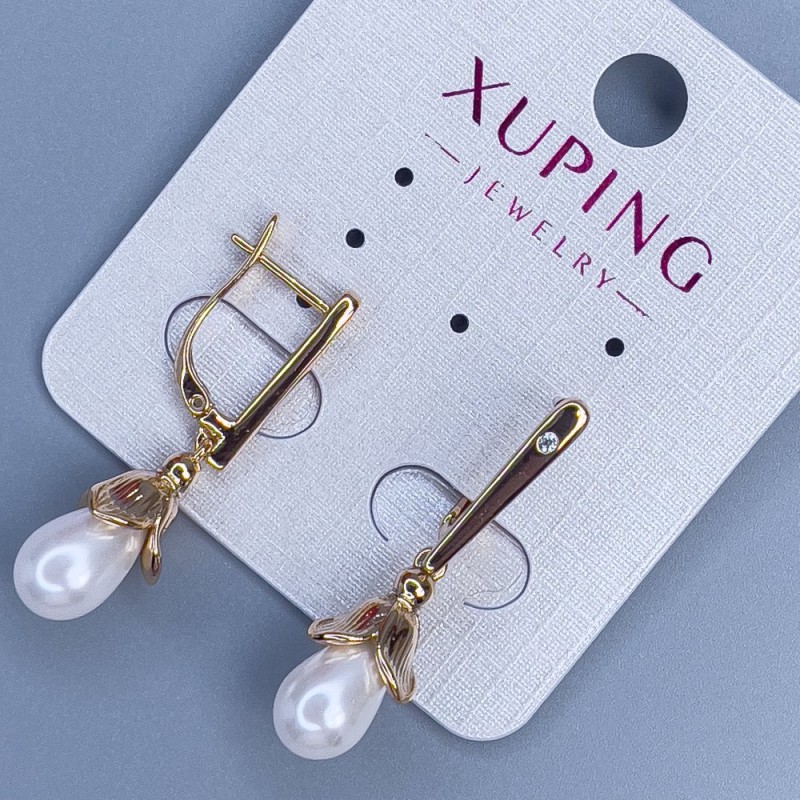 Xuping Earrings, 18K Gold Plating with Pearl, 8 mm Diameter, 30 mm Length