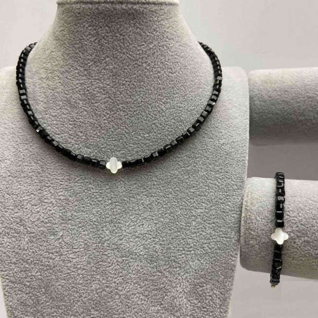 Tourmaline Faceted Cube Choker and Bracelet Set, 4x4 mm Cube, with Mother-of-Pearl Inlay, Length 35-40 cm, with Clasp