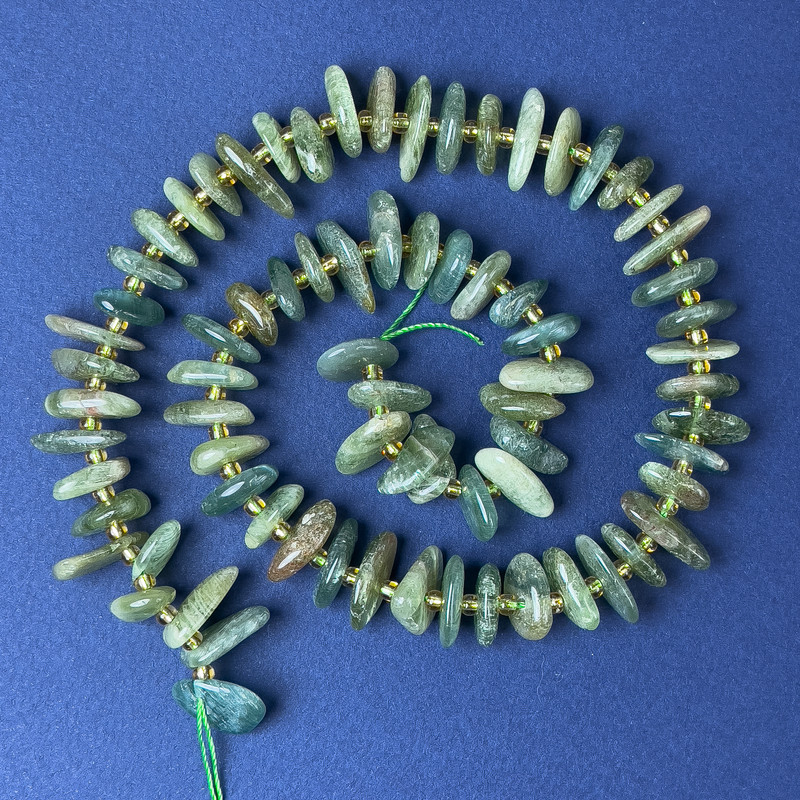 Tourmaline Chip Beads 10x4mm ± with Seed Beads, 2mm Diameter ± on Thread, Length 40cm ±