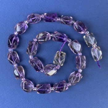 Amethyst Beads, Polygonal Shapes 14–10 mm, with Seed Beads, 4 mm Diameter, on Thread, 40 cm Length