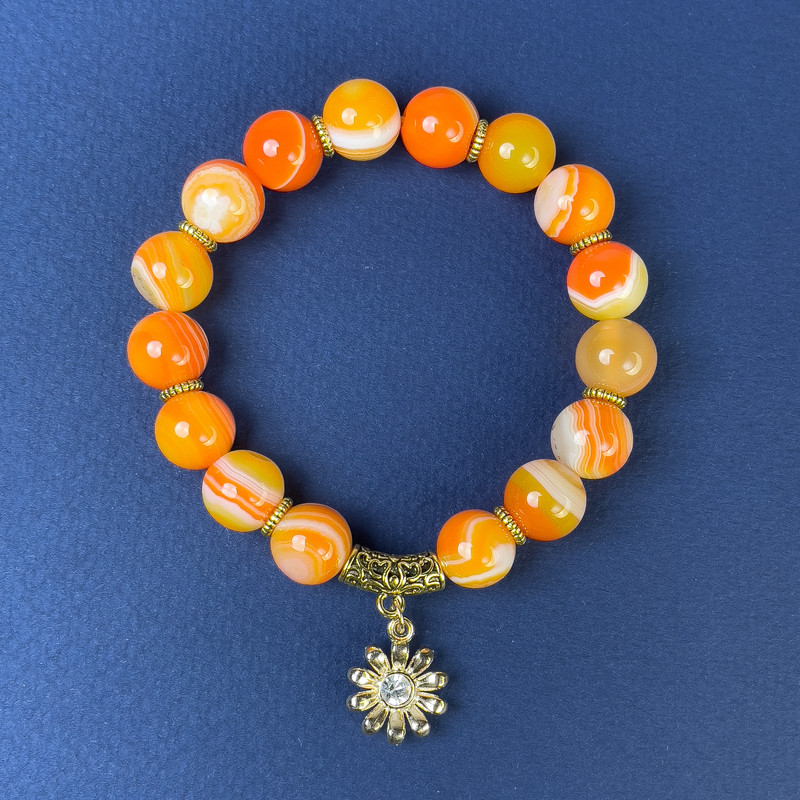 Agate bracelet with smooth beads, 10 mm diameter ±, with metal inlays, 18 cm length ± stretch