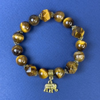 Tiger's Eye Bracelet with smooth 10 mm beads and 11 mm faceted beads, length 18 cm, stretch