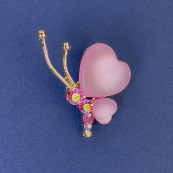 Butterfly Brooch, 34x21 mm, pink Cat's Eye rhinestones, gold-tone metal