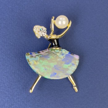 Brooch-pendant 'Girl' with white rhinestones and gold-tone metal, 47x32 mm +/- with pearl