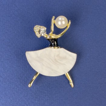 Brooch-pendant 'Girl' Pearl-color, white crystals, gold-tone metal, 47x32 mm, with pearl