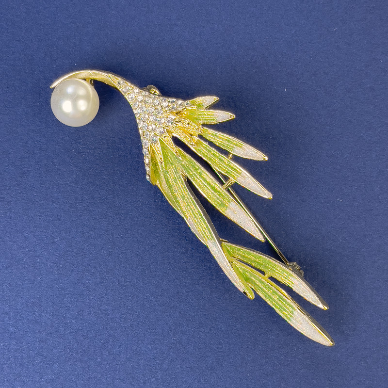 Brooch Sprig with Pearl and White Crystals, Gold-Toned Metal 74x24mm+