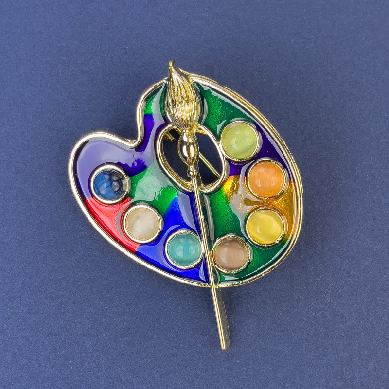 Brooch 'Palette' Multicolor Cat's Eye Enamel on Golden Metal 39x32mm+