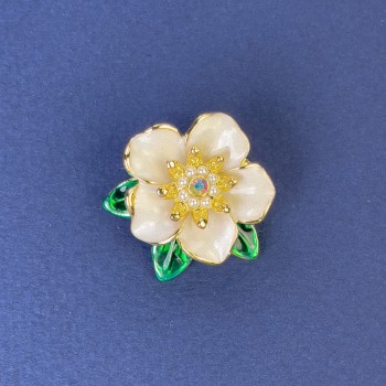 Flower Brooch, diameter 25 mm ± white and green enamel with crystals