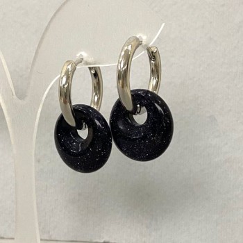 Earrings Aventurine Blue Sand Cairo Night Bagel, 18mm diameter, stud-ring, 30mm length