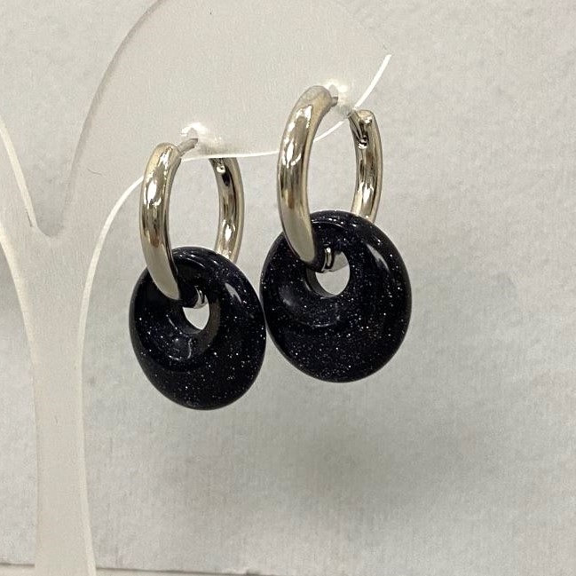 Earrings Aventurine Blue Sand Cairo Night Bagel, 18mm diameter, stud-ring, 30mm length