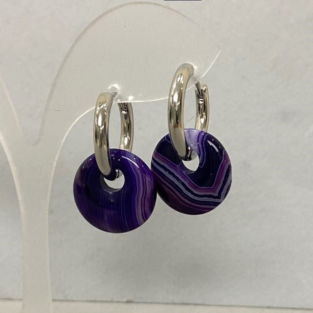 Purple Agate Donut Earrings, 18mm diameter ± hoop ear wire, length 30mm ±
