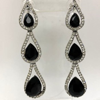 Earrings with white rhinestones and black crystals, length 8 cm ± silver-toned metal