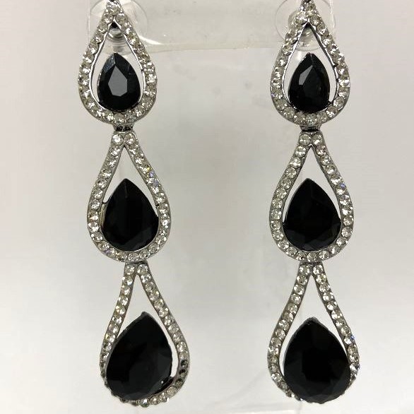 Earrings with white rhinestones and black crystals, length 8 cm ± silver-toned metal