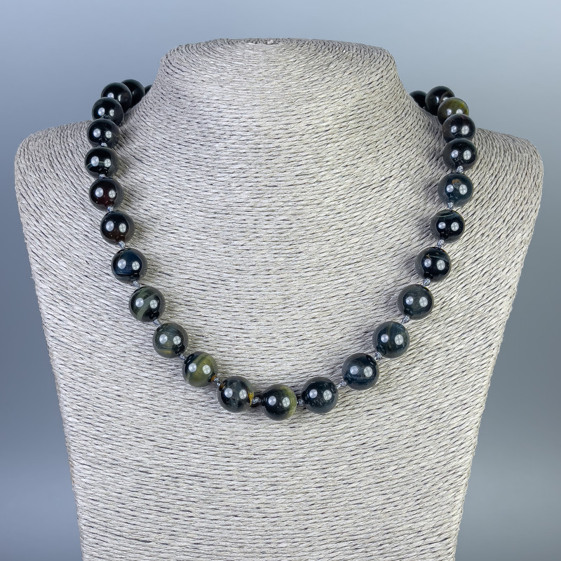 Falcon's Eye Necklace with Smooth Beads, 12 mm diameter, approx. 50 cm length, with clasp