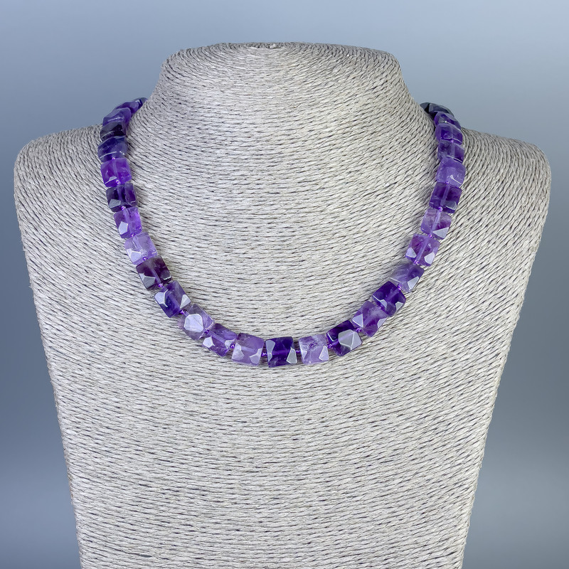 Amethyst necklace, natural gemstone, faceted rectangular, 9x10x5 mm, length 45 cm, with clasp