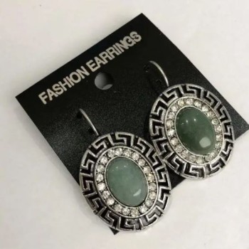 Clearance. Jade earrings with a Greek setting in crystals, oval 2.5×3 cm, length 3.9 cm