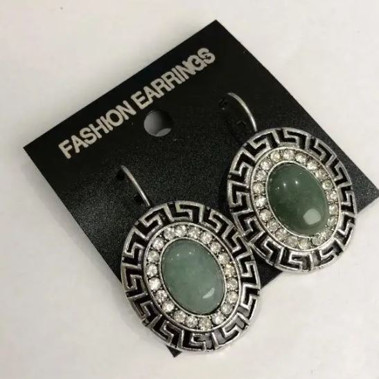 Clearance. Jade earrings with a Greek setting in crystals, oval 2.5×3 cm, length 3.9 cm