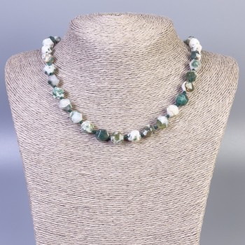 Moss Agate Beaded Necklace with Faceted Beads, 9 mm diameter, 45 cm length, with clasp