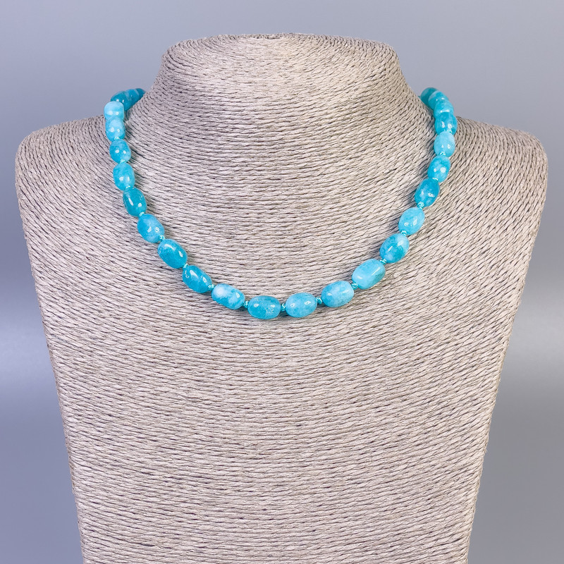 Aquamarine necklace with faceted beads, 10x7 mm, 45 cm length, with clasp