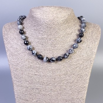 Snow Obsidian Apache Tears Beaded Necklace, 10 mm faceted beads, about 50 cm long with clasp