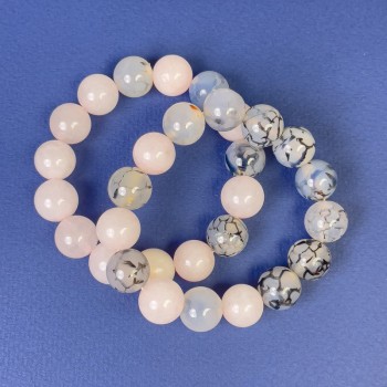 Bracelet Set with Rose Quartz and Agate 'Dragon's Veins' Smooth Beads, 12 mm Diameter +/-, 18 mm Length +/- Stretch