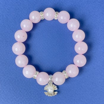 Pink Quartz Bracelet with Smooth Beads, 12 mm Diameter +/-, with Metal Inlays, Stretch