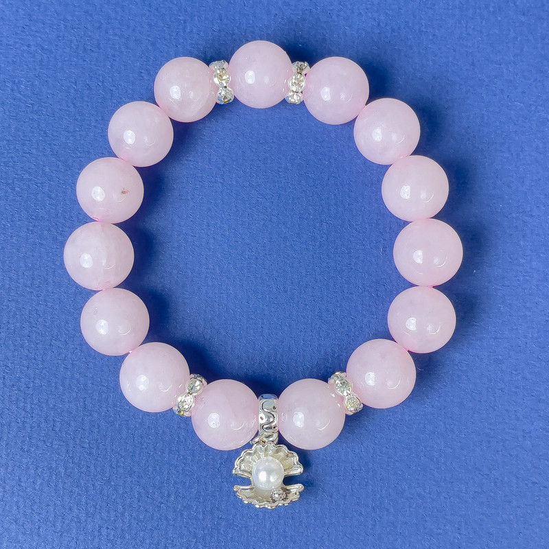 Pink Quartz Bracelet with Smooth Beads, 12 mm Diameter +/-, with Metal Inlays, Stretch