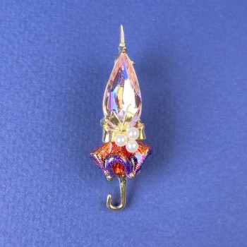 Brooch Umbrella with Pink Crystal and Pearl Beads, 46x16 mm, Gold-Toned Metal