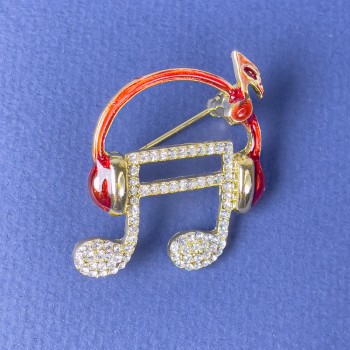 Brooch 'Note in Headphones' white crystals red enamel gold-tone metal 27×32 mm+