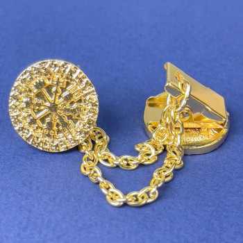 Gold-tone cardigan brooch, 20 mm diameter ±, chain, length 9 cm ±