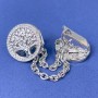 Cardigan brooch in silver metal with white crystals, diameter about 20 mm, chain length about 9 cm