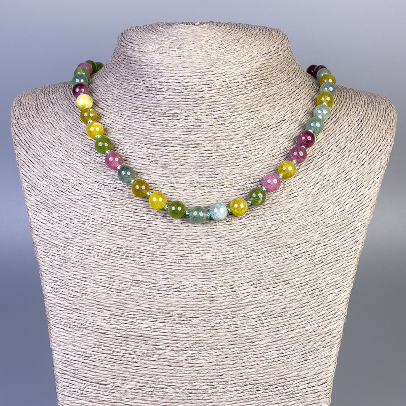 Tourmaline Necklace with Smooth Beads, 8 mm Diameter, approx. 45 cm Length, with a Clasp