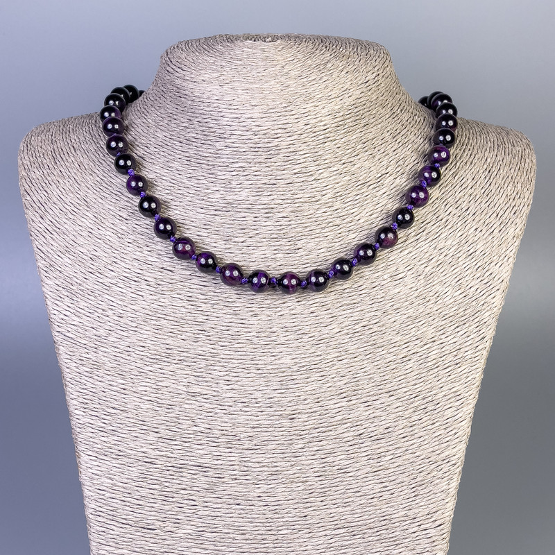 Purple Cat's Eye Necklace with smooth beads, 8 mm diameter, 50 cm length, with clasp