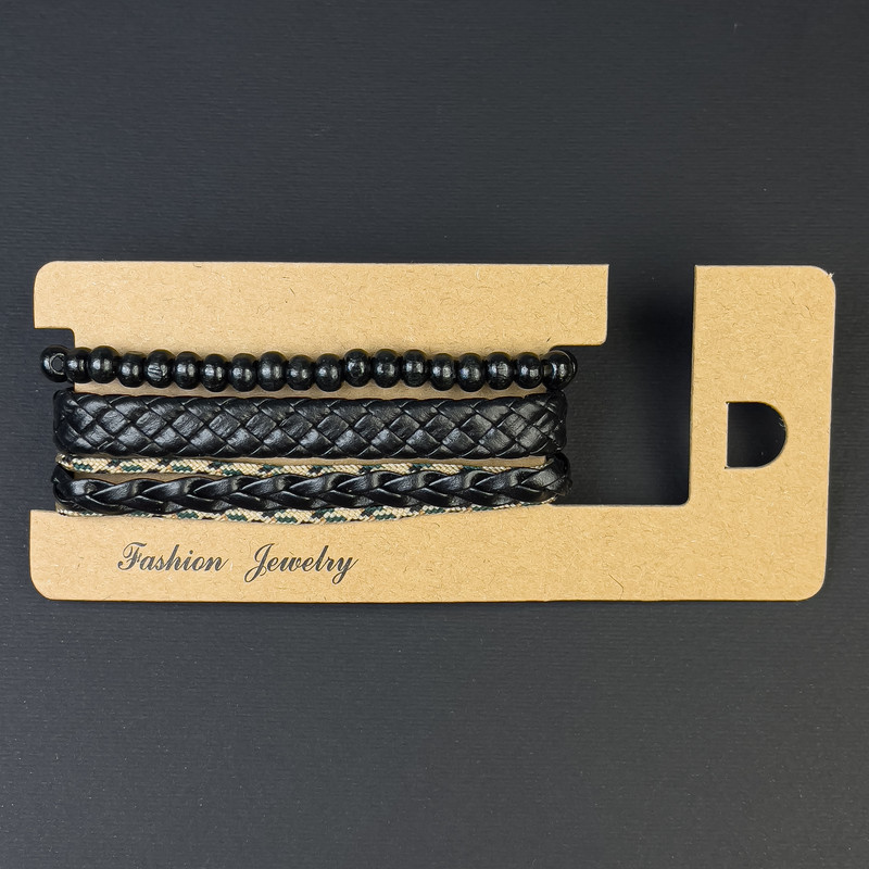 Triple Eco-Leather Bracelet with Adjustable Closure, Length 18-24 cm, Beads 6 mm, Stretch Length 18