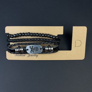 Triple eco-leather bracelet with metal inserts, adjustable, length 18-24 cm, black