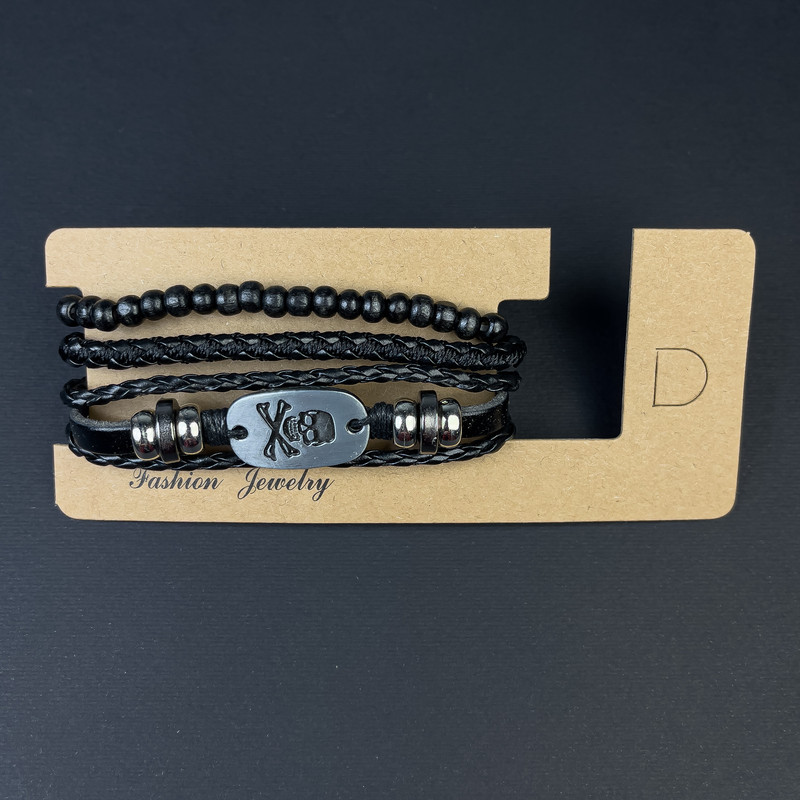 Triple eco-leather bracelet with metal inserts, adjustable, length 18-24 cm, black