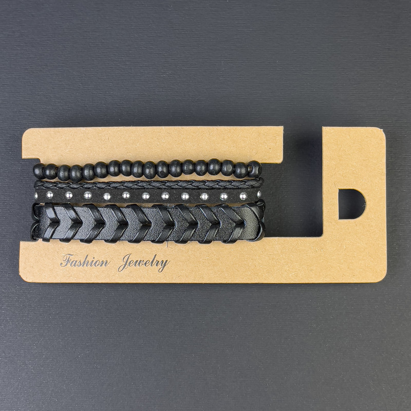 Triple Eco-Leather Bracelet with Adjustable Length, 18-24 cm, Black