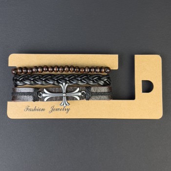 Triple eco-leather bracelet with cross inlay on the clasp, length 18-24 cm, brown and black