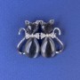Brooch 'Cats' with dark gray cat's-eye stone, white crystals, silver-toned metal, diameter 31x38 mm +