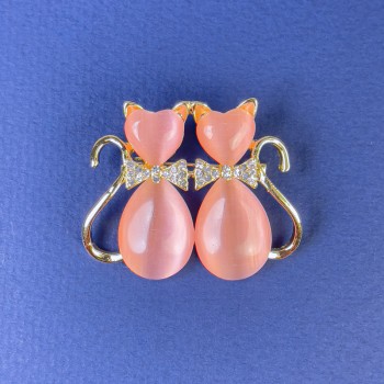 Cat Brooch with Pink Cat's Eye, White Crystals, Gold-Tone Metal, 31x38 mm