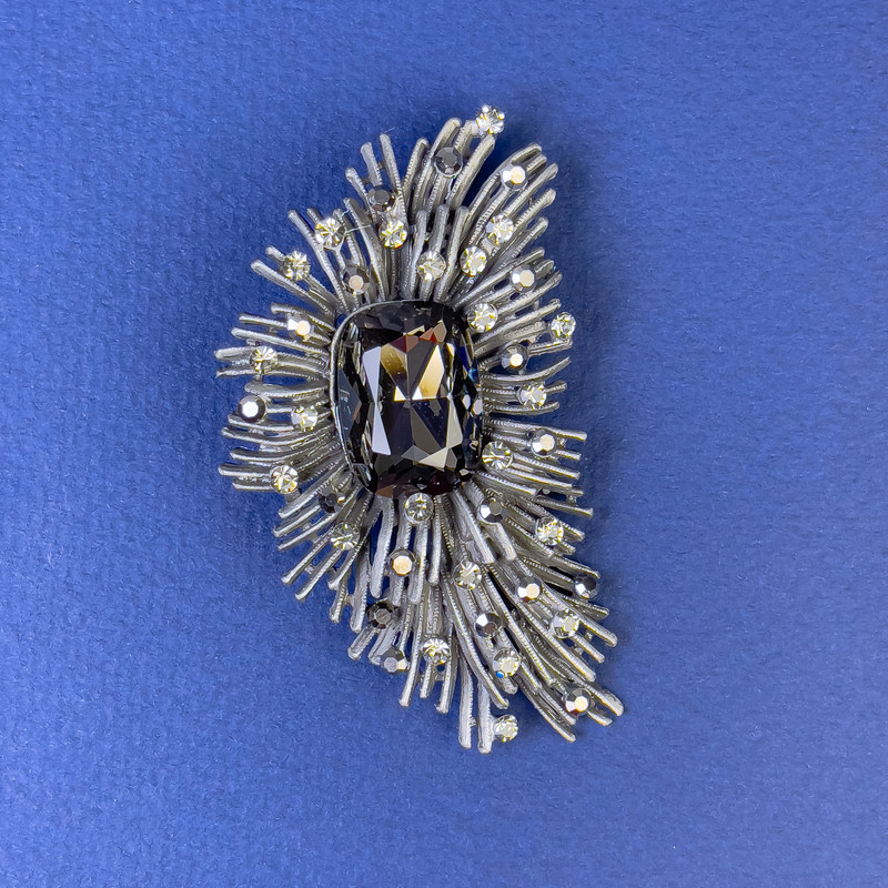Accent Brooch with Gray Rhinestones, Gray Crystal, Color Dark Gray, Silver Metal, 60x36 mm+