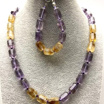 Necklace and bracelet set Citrine and Amethyst faceted cylinder beads 12x8 mm on thread