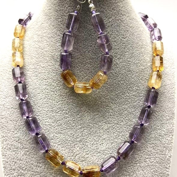 Necklace and bracelet set Citrine and Amethyst faceted cylinder beads 12x8 mm on thread
