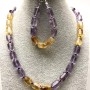 Necklace and bracelet set Citrine and Amethyst faceted cylinder beads 12x8 mm on thread