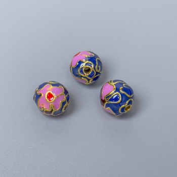 Cloisonné bead with lilac blue and green enamel, 10 mm diameter ±, 2 mm hole, gold-tone metal, 1 piece