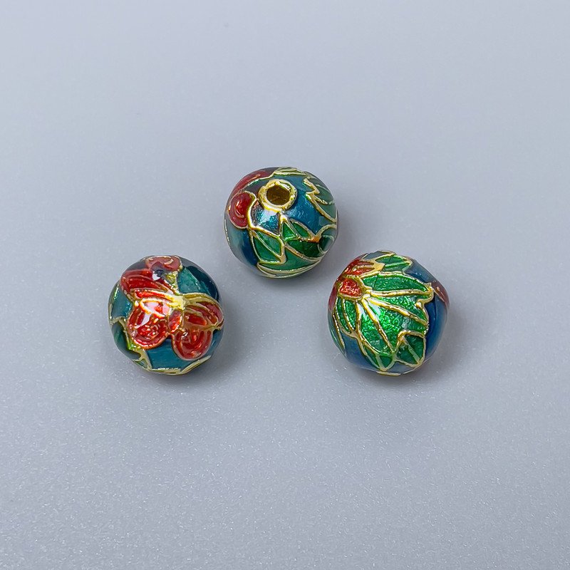 Cloisonné bead turquoise, red, and green enamel, diameter 10×9 mm, hole diameter about 1.8 mm, golden metal color, 1 pc