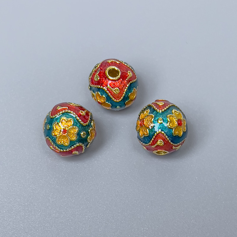 Cloisonné Bead Findings Turquoise-Red-Yellow Enamel, 10mm Diameter ± 2mm Hole, Gold-tone Metal, 1 pc